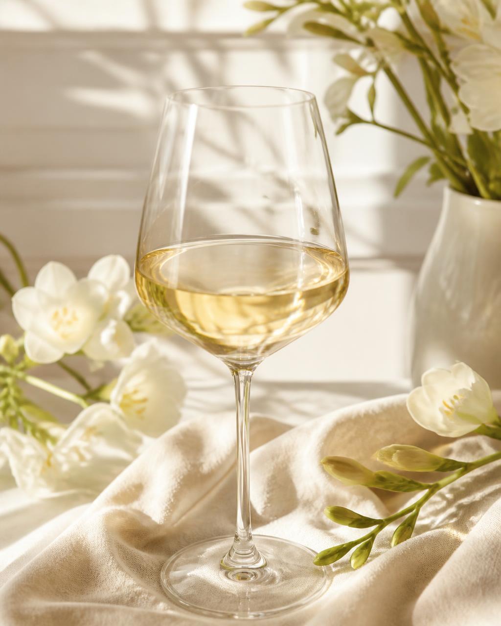 Taça de vinho branco alvarinho ao lado de flores frescas e linho creme
