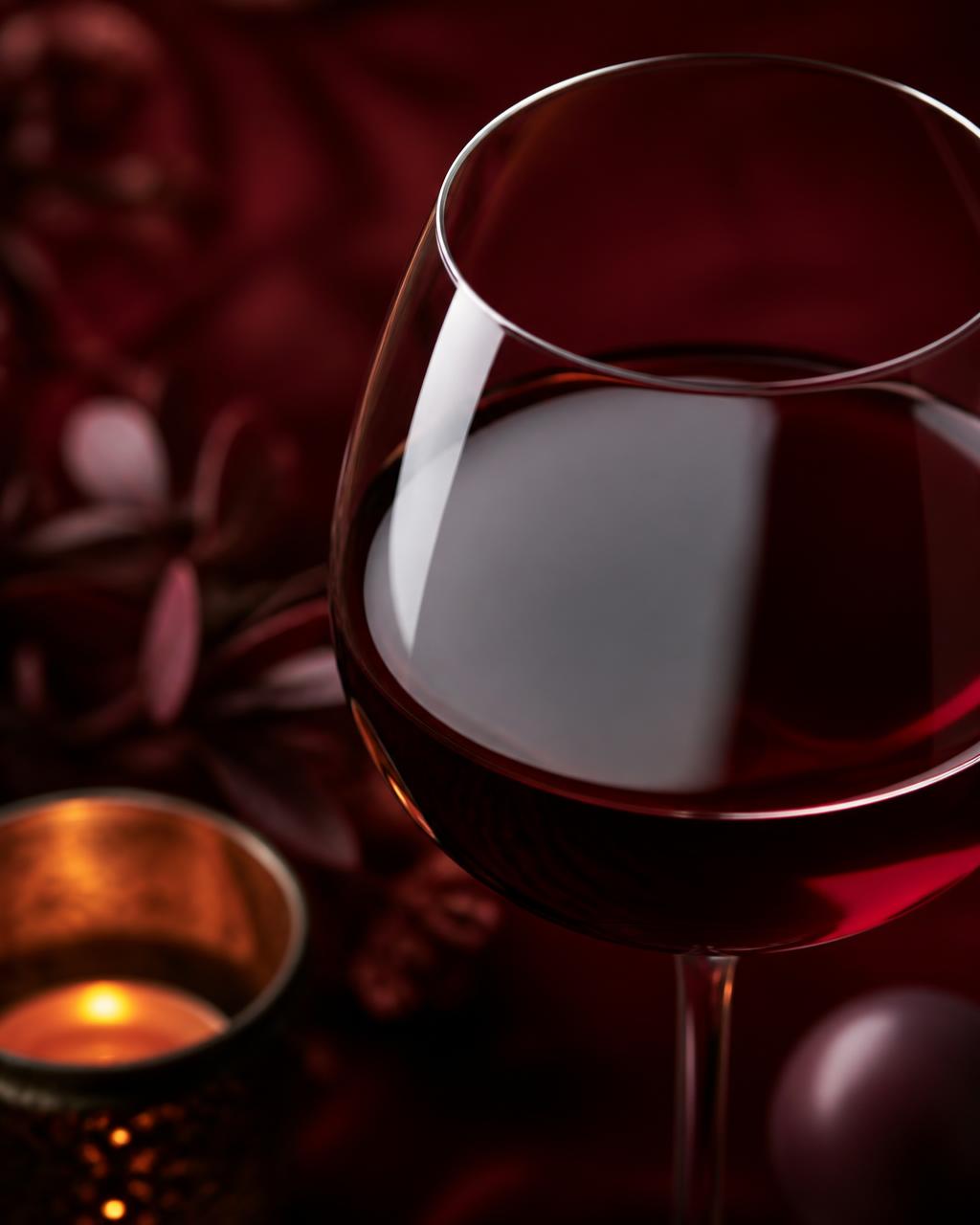 Taça de vinho tinto syrah em ambiente com luz de vela